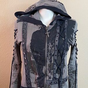 SALVAGE brand dark gray & black graphic long zip up jacket hoodie S
